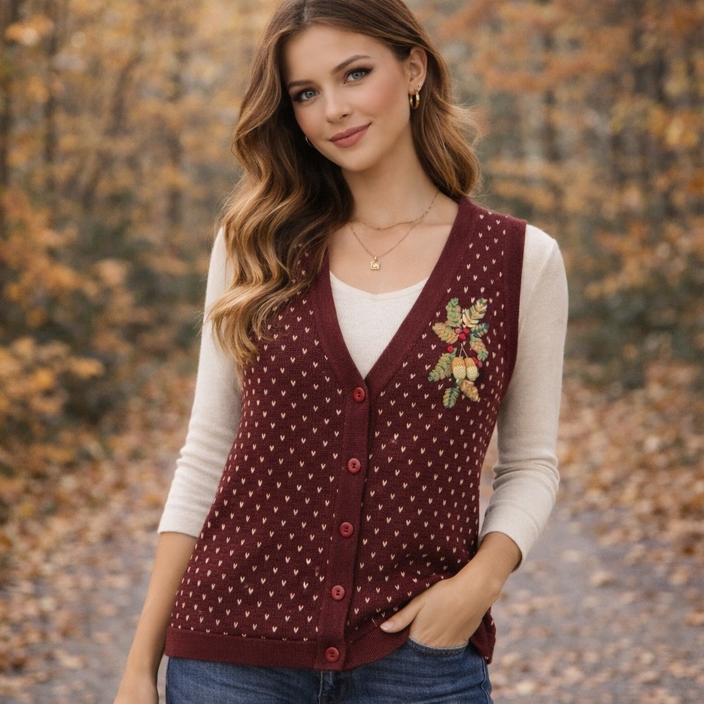 Vintage Susan Bristol Hand Embroidered Acorn Sweater Vest Sz. L Burgundy